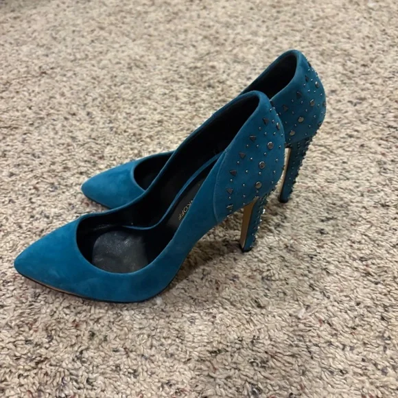 Rebecca Minkoff Heels 8.5 Teal Blue Suede High Heels - Picture 2 of 8